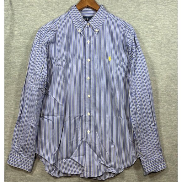 Ralph Lauren Mens Dress Shirt Blue Stripe Classic Fit Pony Logo L Spring - Picture 3 of 5